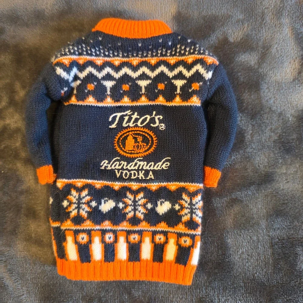 Titos Handmade Vodka Bottle Sweater Coozie Holiday Ugly Christmas Navy Orange